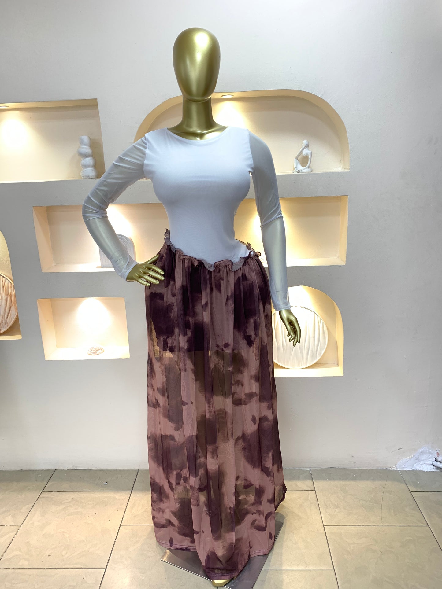 White/brown mesh dress MW1041