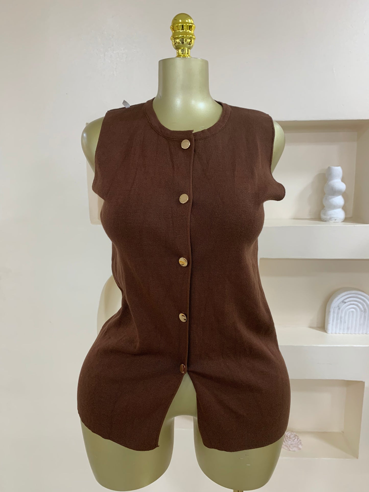 Trendy Gold Button Sleeveless Top TD02 TMF053