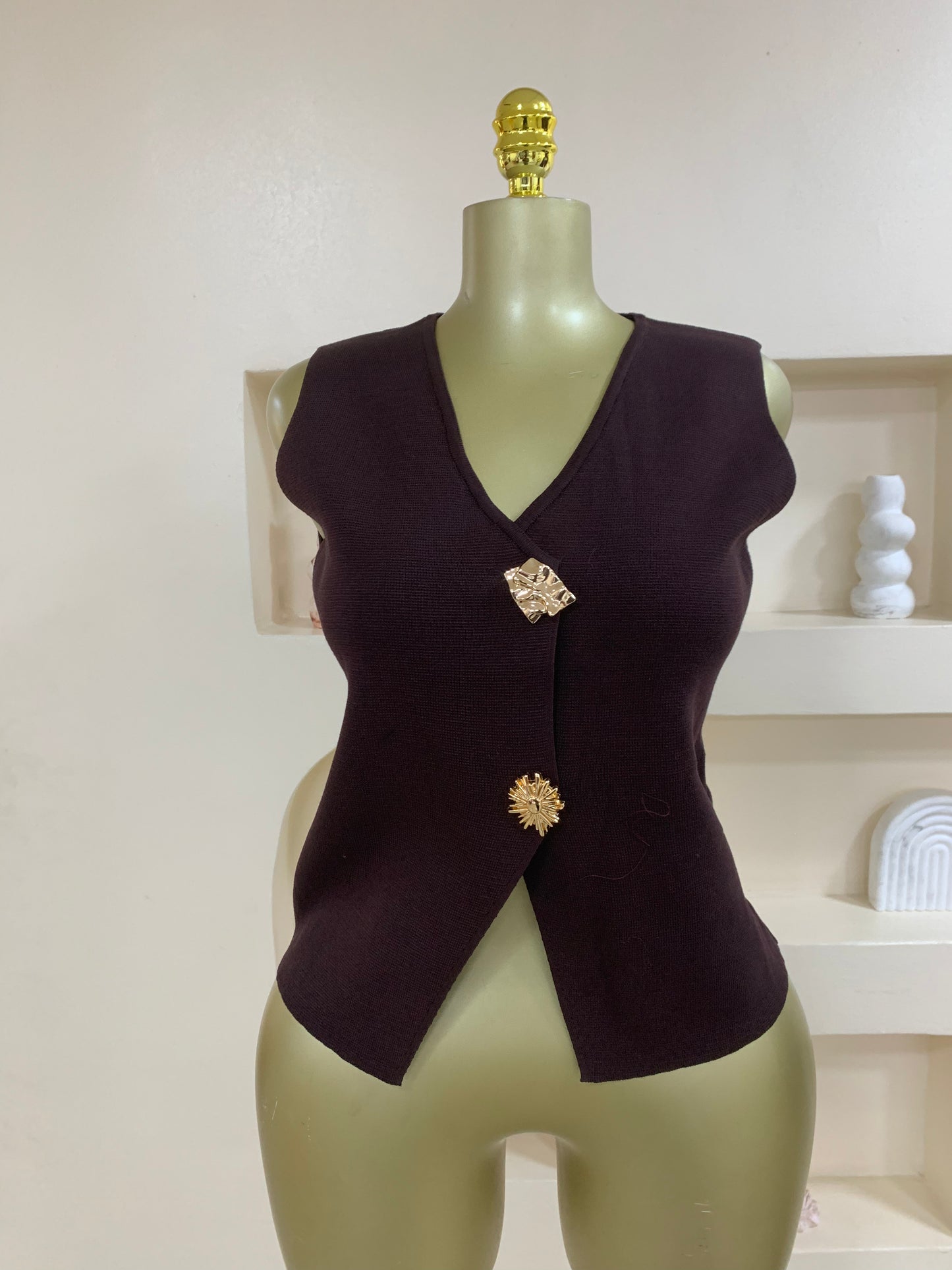 Trendy Vneck press on button sleeveless  top TD26