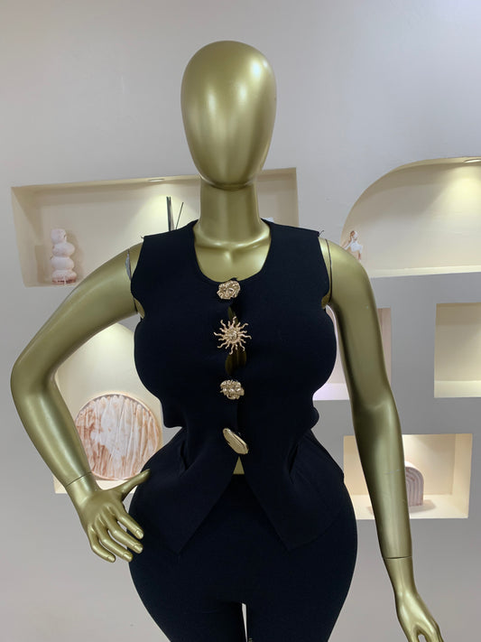 Trendy Seashell Gold Button Sleeveless Top TD04