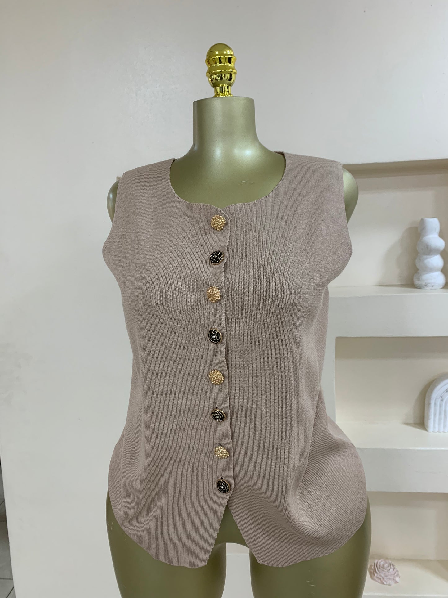 Trendy Rose Button  Sleeveless Top TMf019