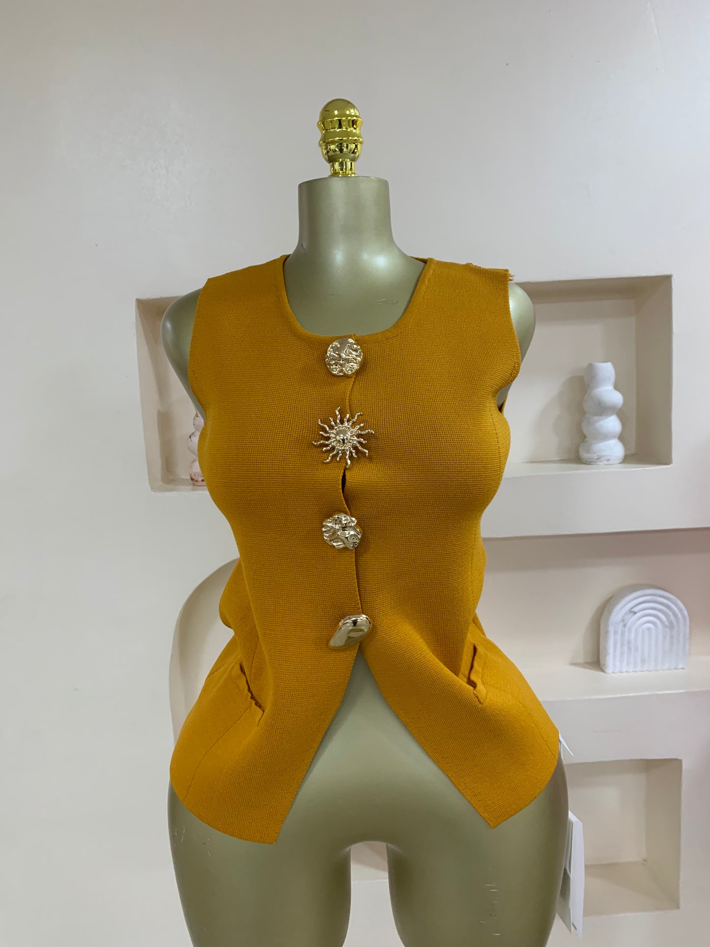 Trendy Seashell Gold Button Sleeveless Top TD04